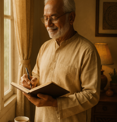 A person writing in their diary about their thoughts and smiling