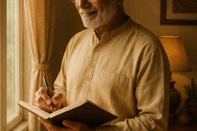 A person writing in their diary about their thoughts and smiling