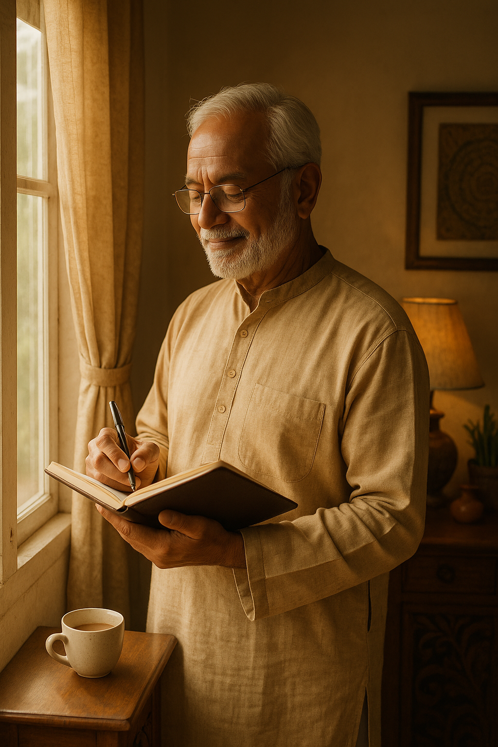 A person writing in their diary about their thoughts and smiling