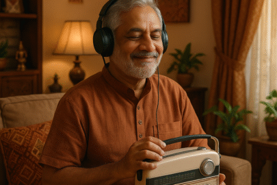 Senior sitting in solitude and enjoying music