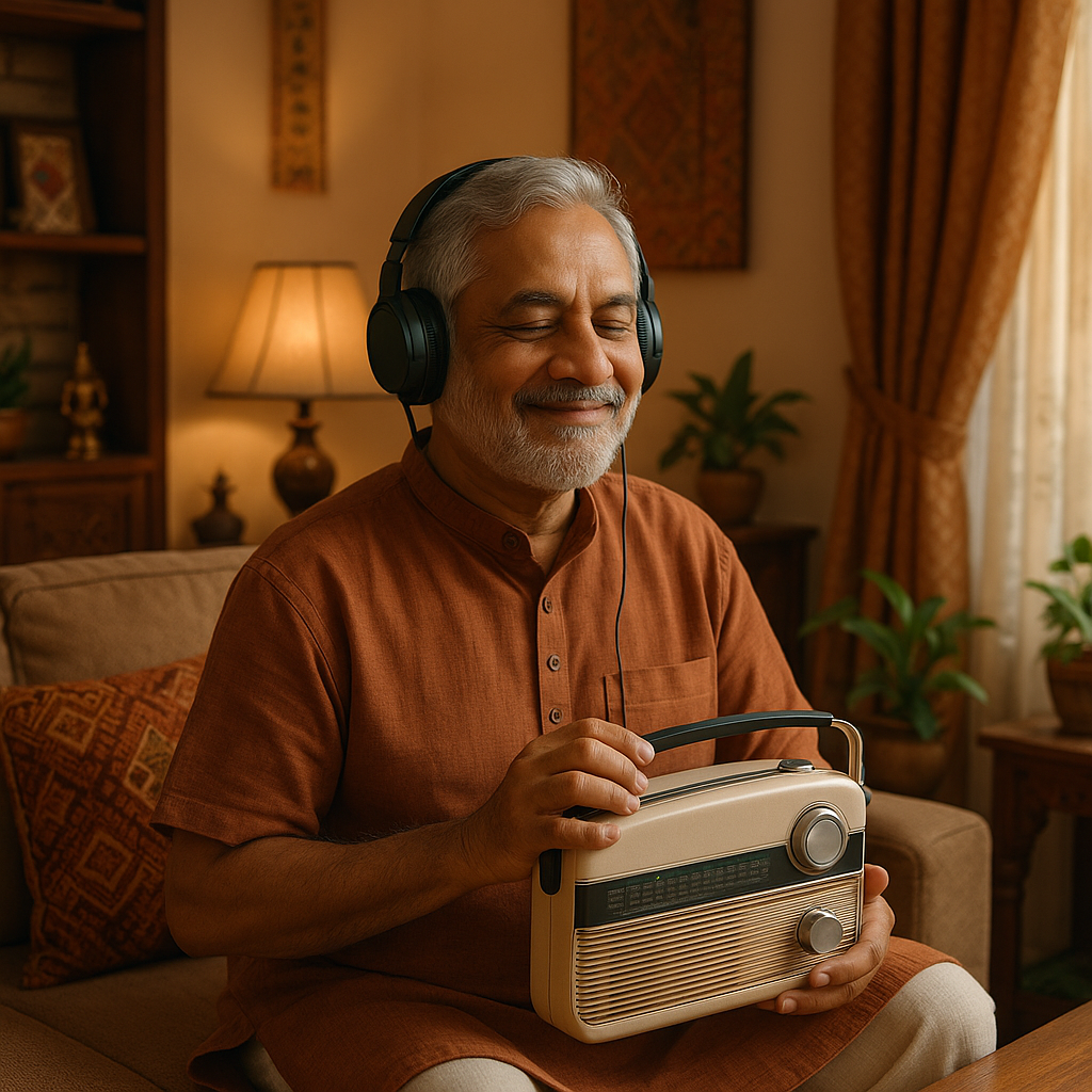 Senior sitting in solitude and enjoying music