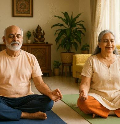 Senior couple meditating mindfully