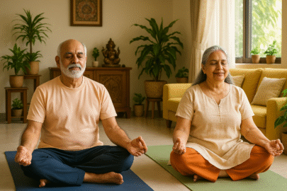 Senior couple meditating mindfully