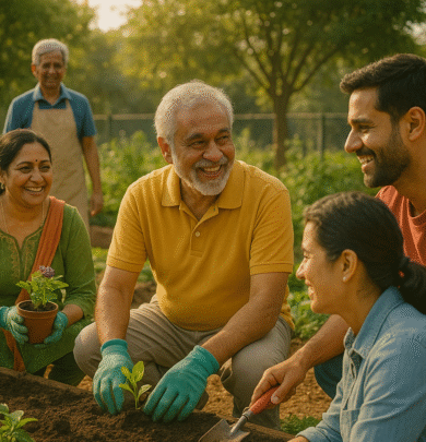 Seniors gardening with friends