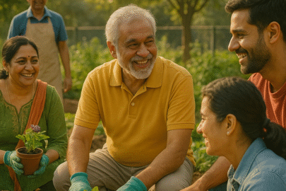 Seniors gardening with friends