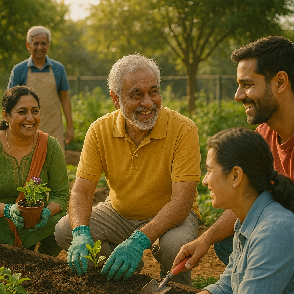 Seniors gardening with friends